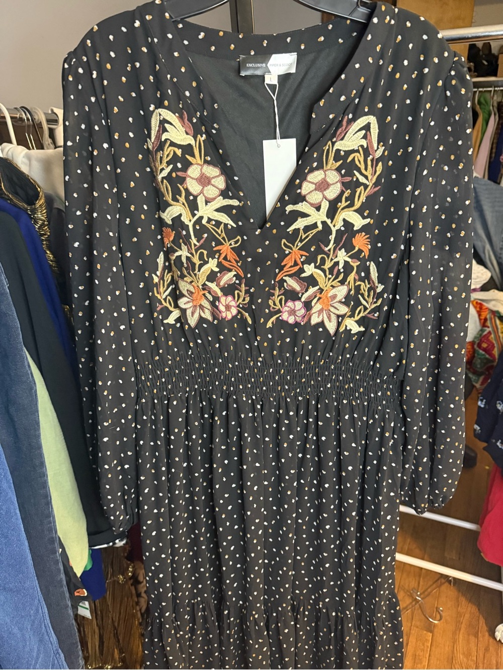 NWT piper & scoot Size L embroidered Black Maxi  Dress with Floral Accent